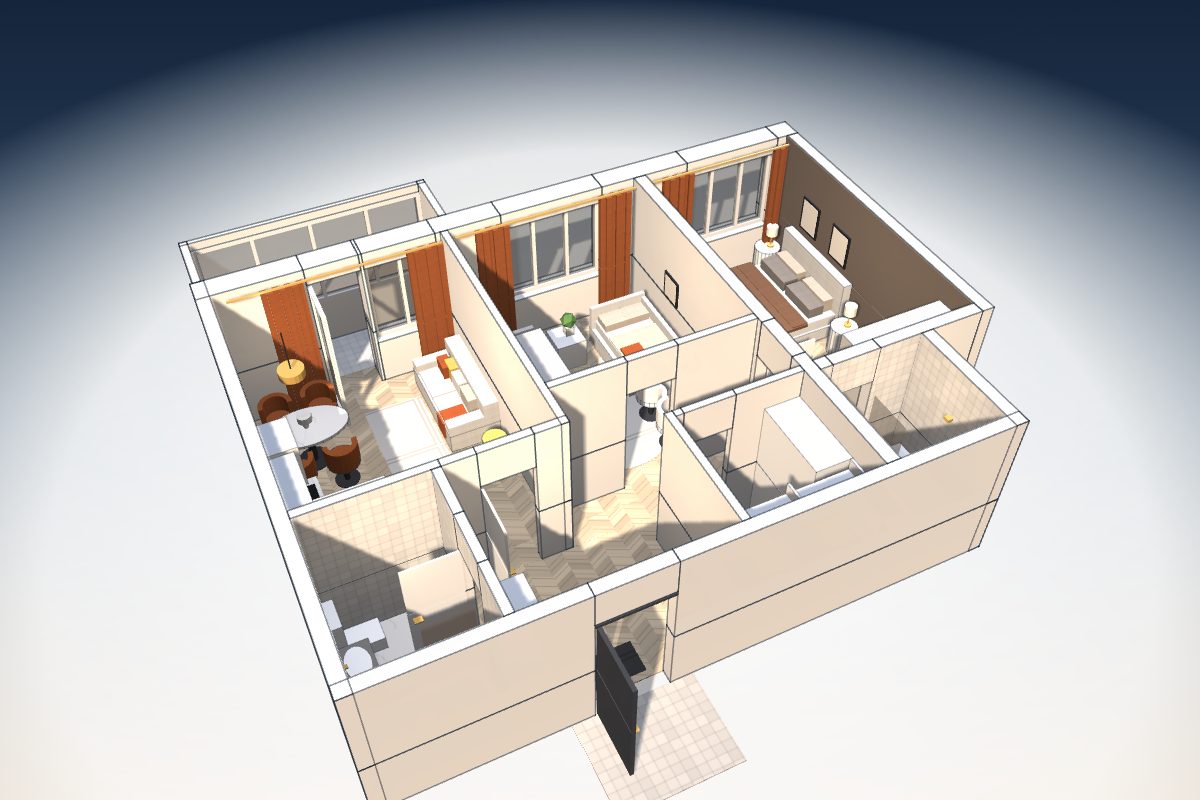 Квартира 64 м² в разрезе, с мебелью